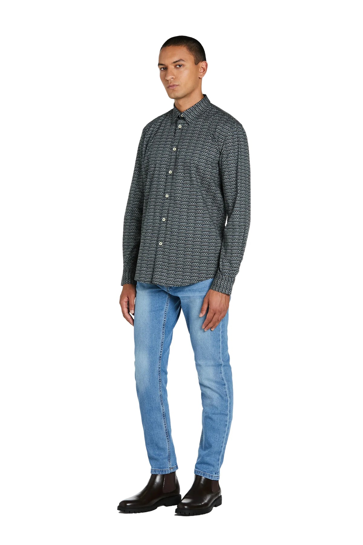 Camicia Uomo con Stampa Onde e Collo Italiano