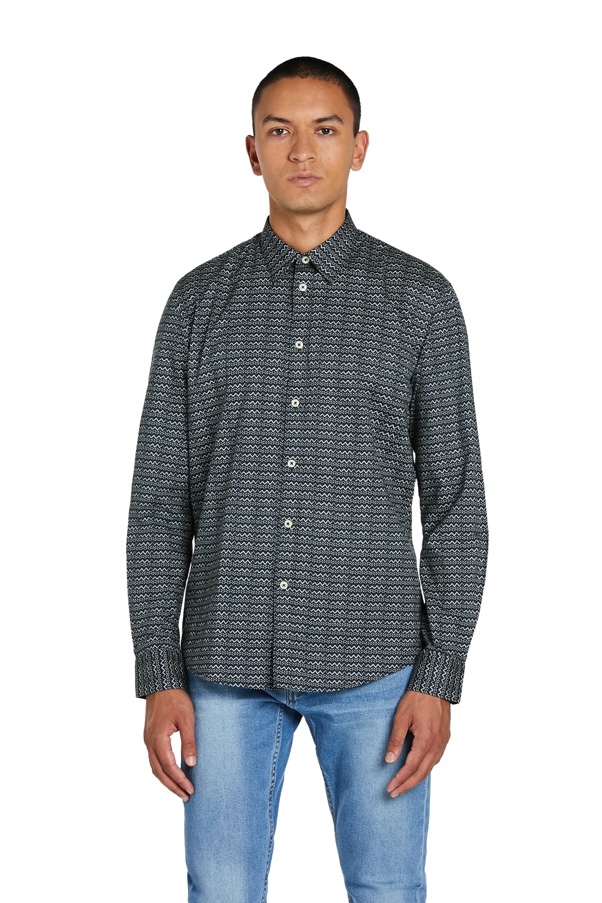 Camicia Uomo con Stampa Onde e Collo Italiano