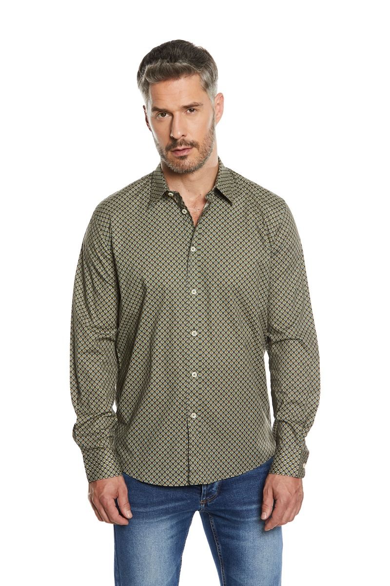 Camicia Uomo con Stampa Marrone e Collo Italiano