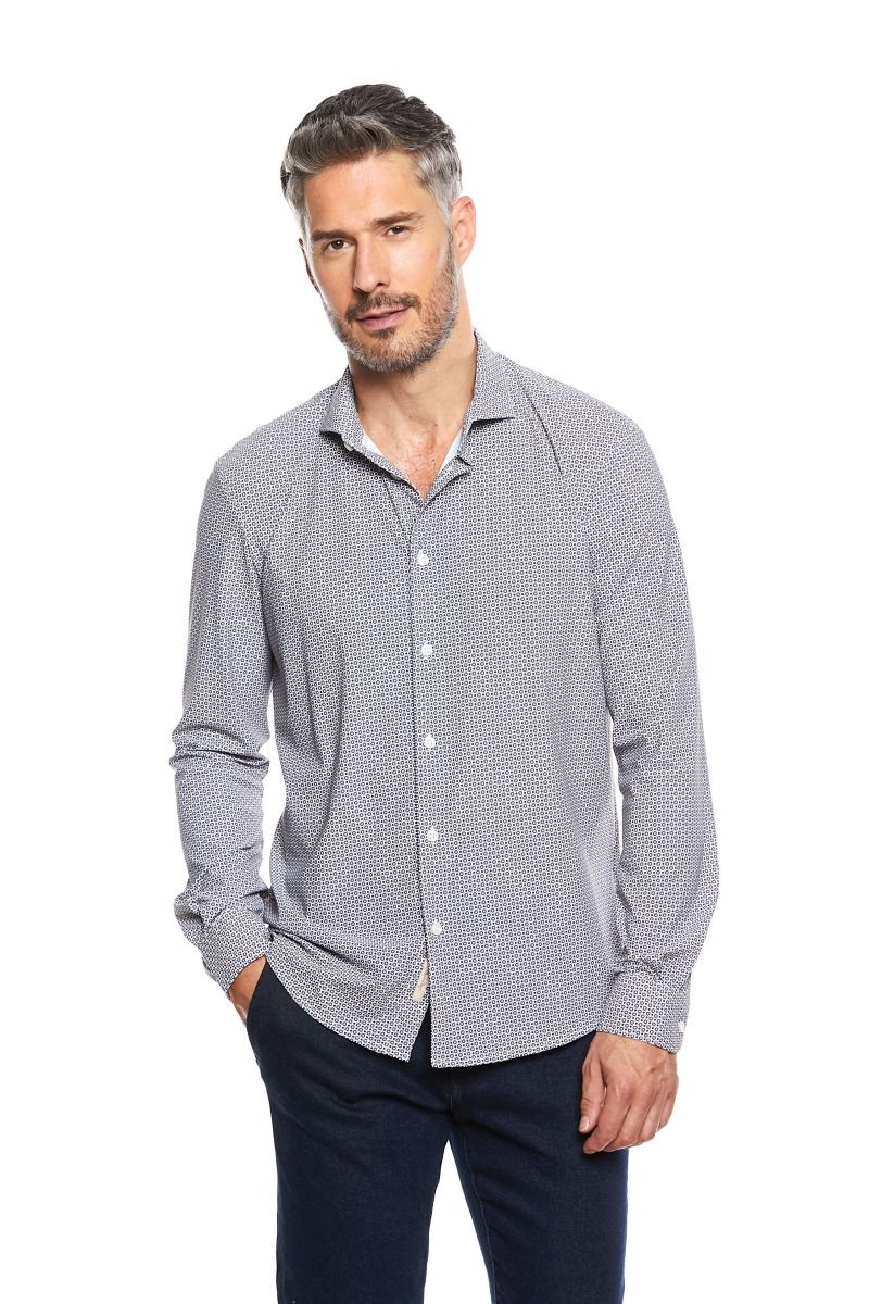 Camicia Uomo Bi-Stretch con Stampa a Pallini e Collo Francese